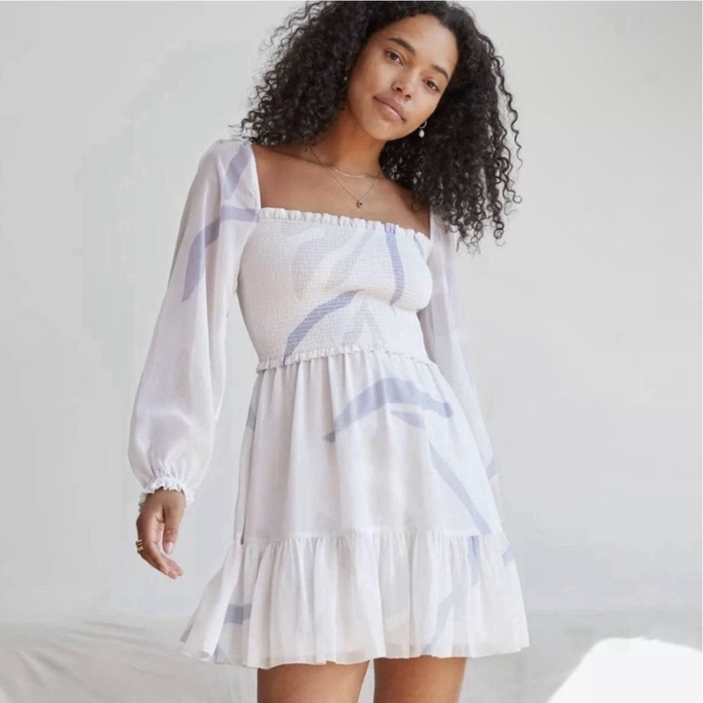Aritzia Wilfred Tempest Smocked Chiffon Babydoll Mini Dress Sz S Abstract Sheer - Picture 2 of 7